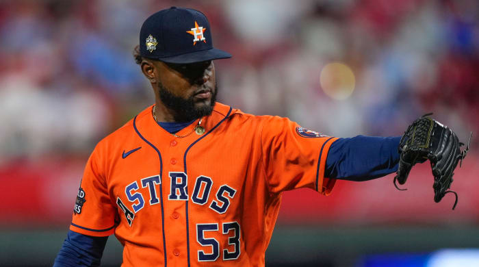 Astros pitcher Cristian Javier leaves the field after completing six no-hit innings in Game 4 of the 2022 World Series.